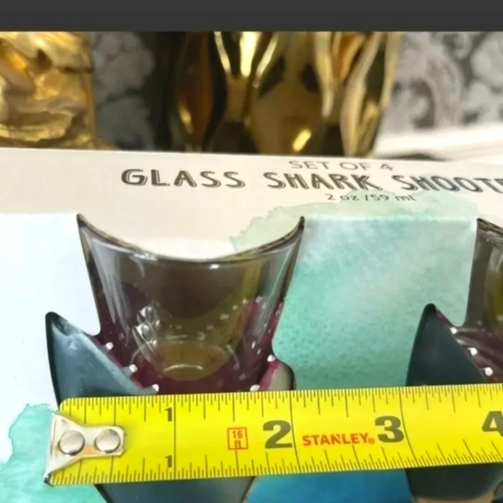 Set OF 4 GLASS SHARK SHOOTERS, SHARK SHOT GLASSES 2 OZ Coastal Nautical Sea Life